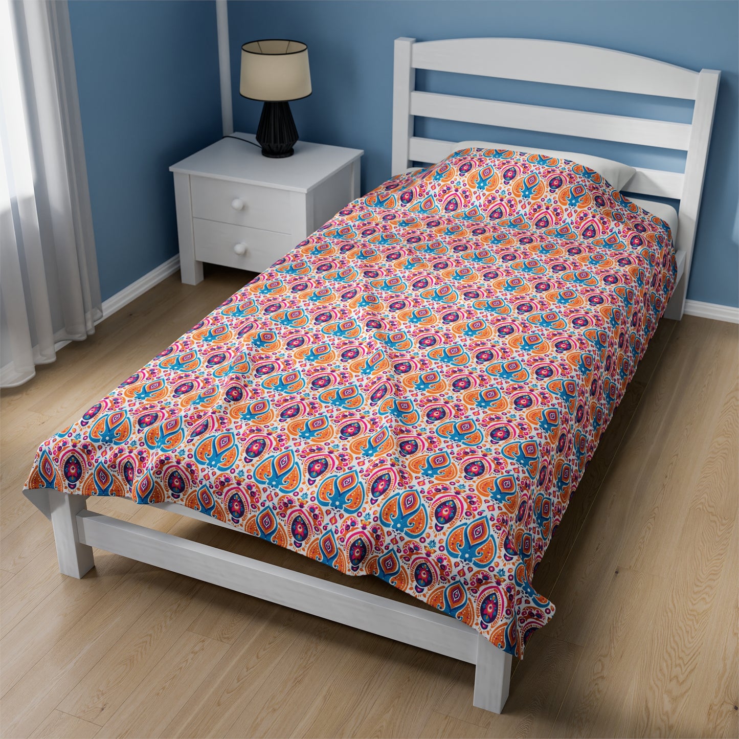 Bohemian Rhapsody Exquisite & Colorful Boho Pattern of Bold Hues of Blue, Pink, and Orange Velveteen Plush Blanket 3 Sizes