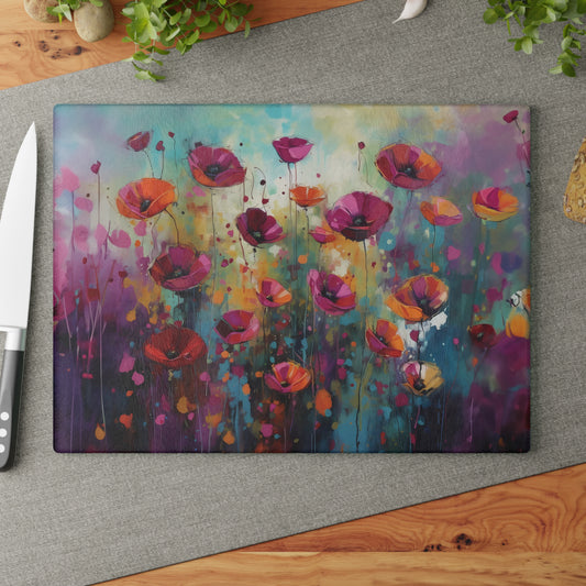 Field of Pink & Orange Flowers at Dawn - Glass Cutting Board  8" x 11" and 11" x 15"