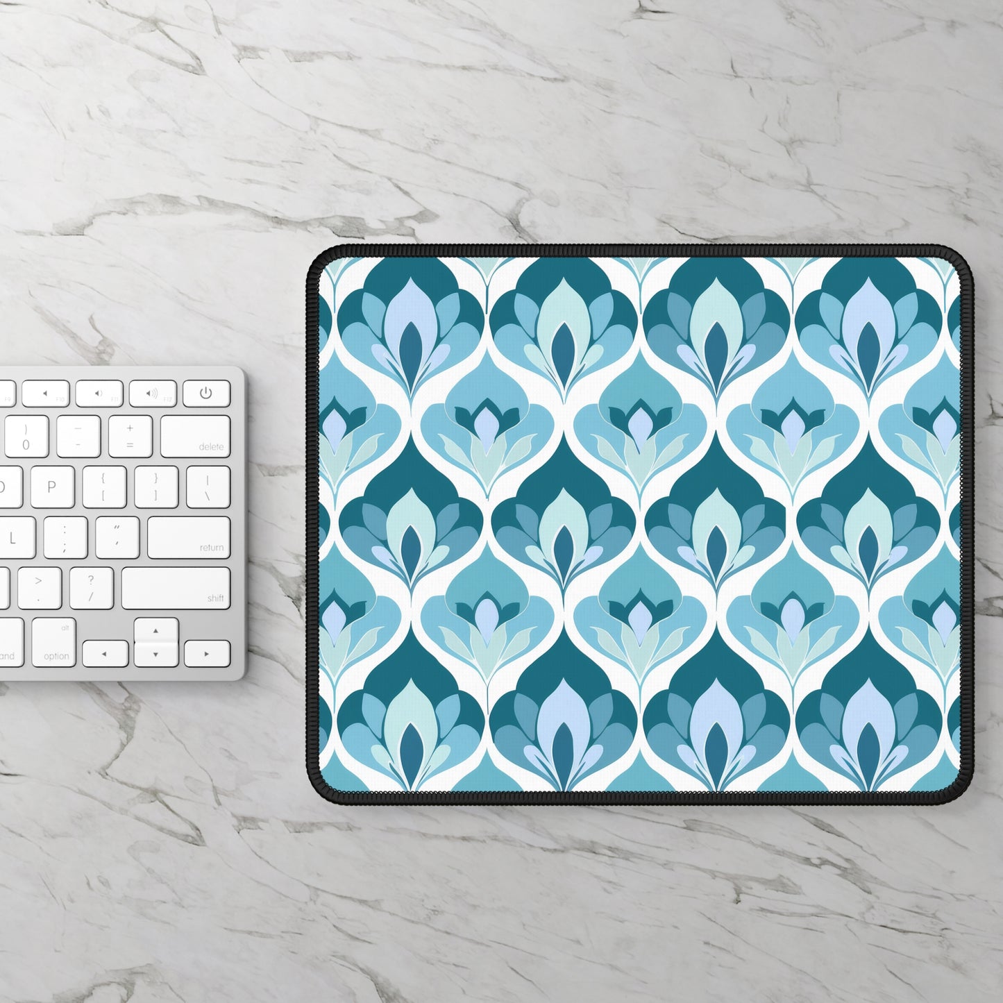 Serene Leaf Motifs Cascading in Cool Hues of Oceanic Blues Mouse Pad with Finished Edges