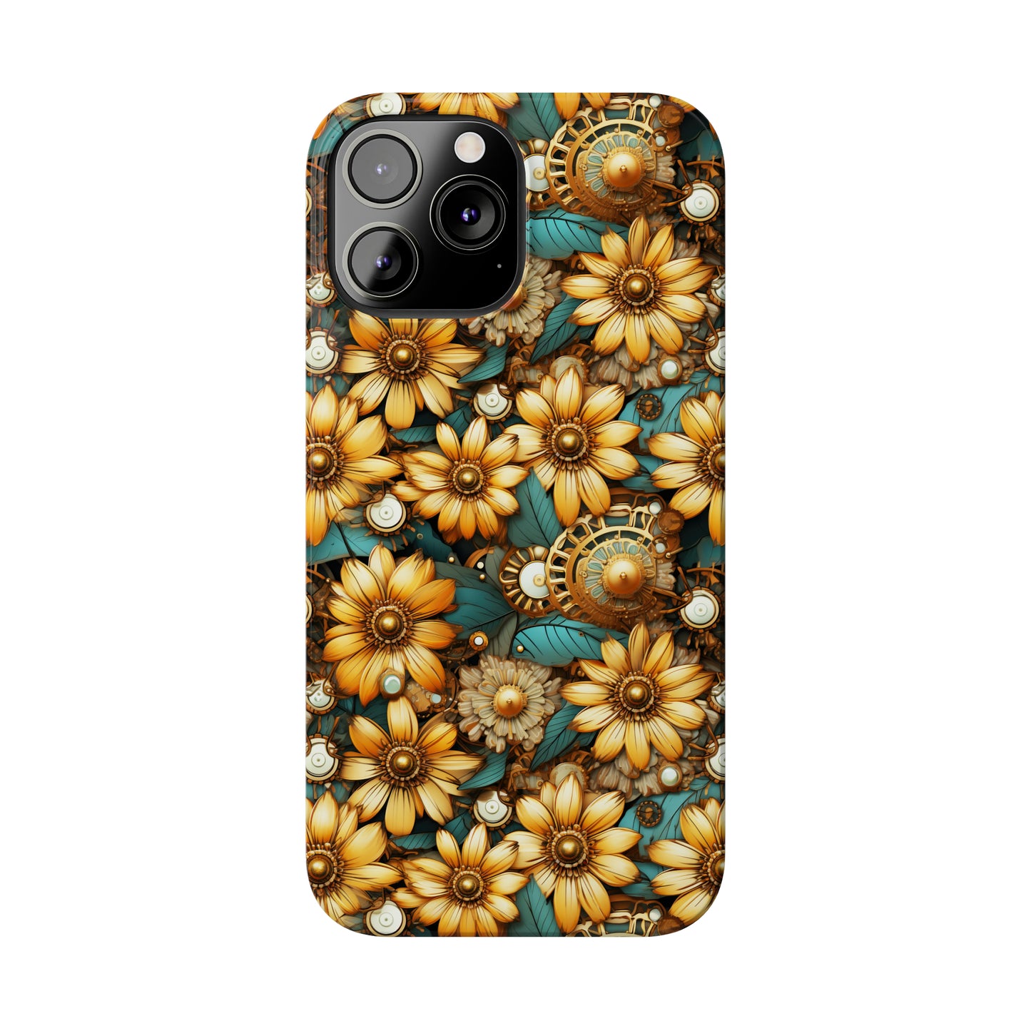 Victorian Steampunk Gold Flowers Teal Background with Gears and Mechanical Elements Iphone 15-12 Slim Phone Case