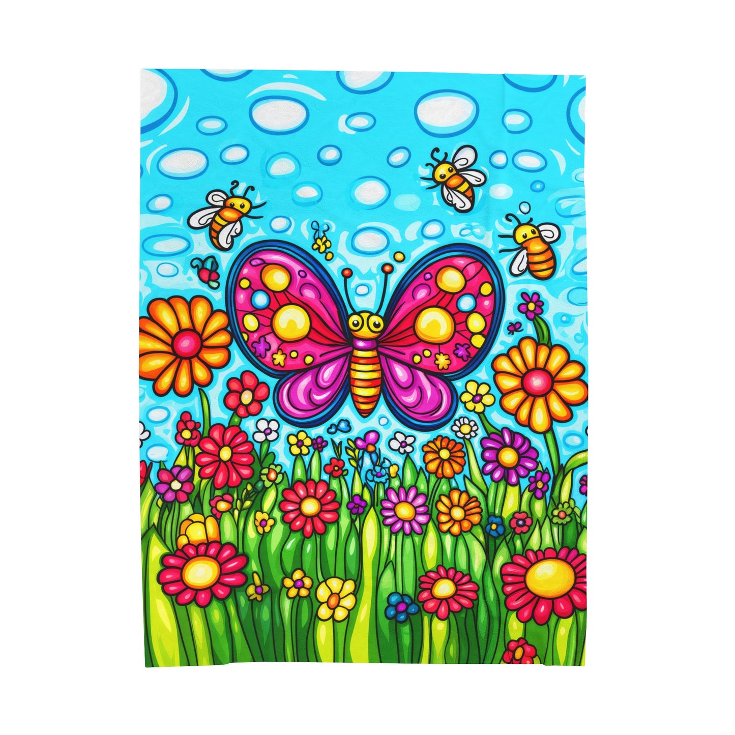 Butterfly Bliss with Bees and Blooming Flowers Velveteen Plush Blanket 3 Sizes