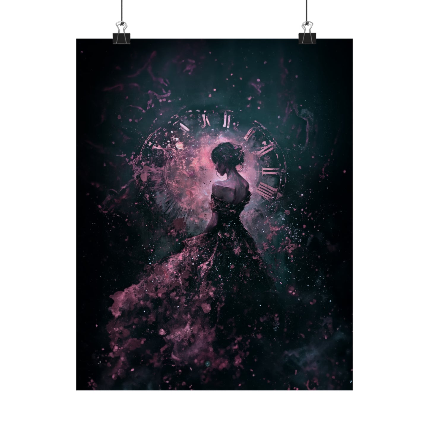 A Moment in Time Woman in Pink and Black Dress with Abstract Clock Print on Matte Poster - 11 Sizes