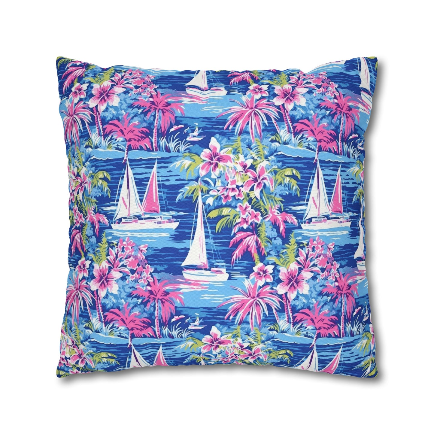 Sailing Tropics: Watercolor Sailboats Amidst Ocean Waves, Tropical Flowers, and Palm Trees Spun Polyester Square Pillowcase 4 Sizes