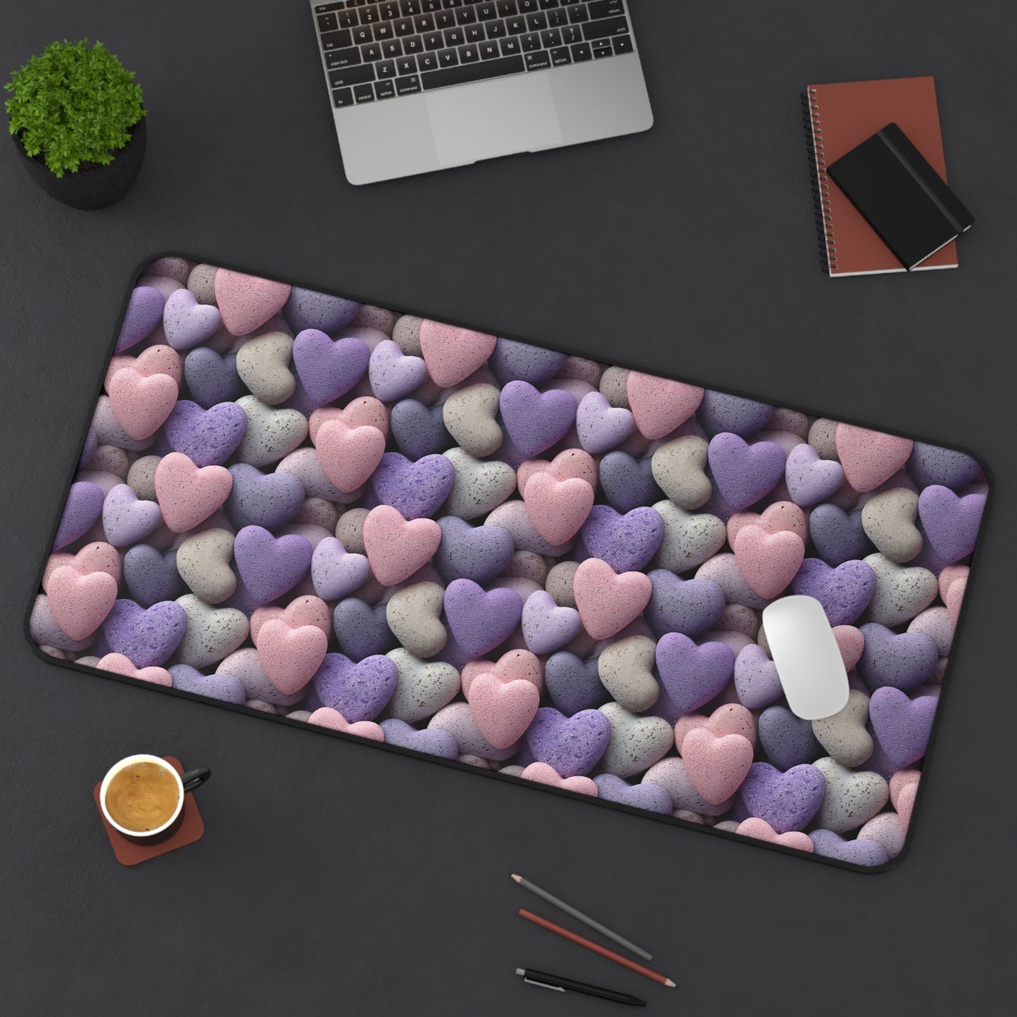 Hearts of Stone Deskmat , Rock Heart Desk Decoration, Floral Large Mousepad, Gaming Desk Mat, Desktop Accessory