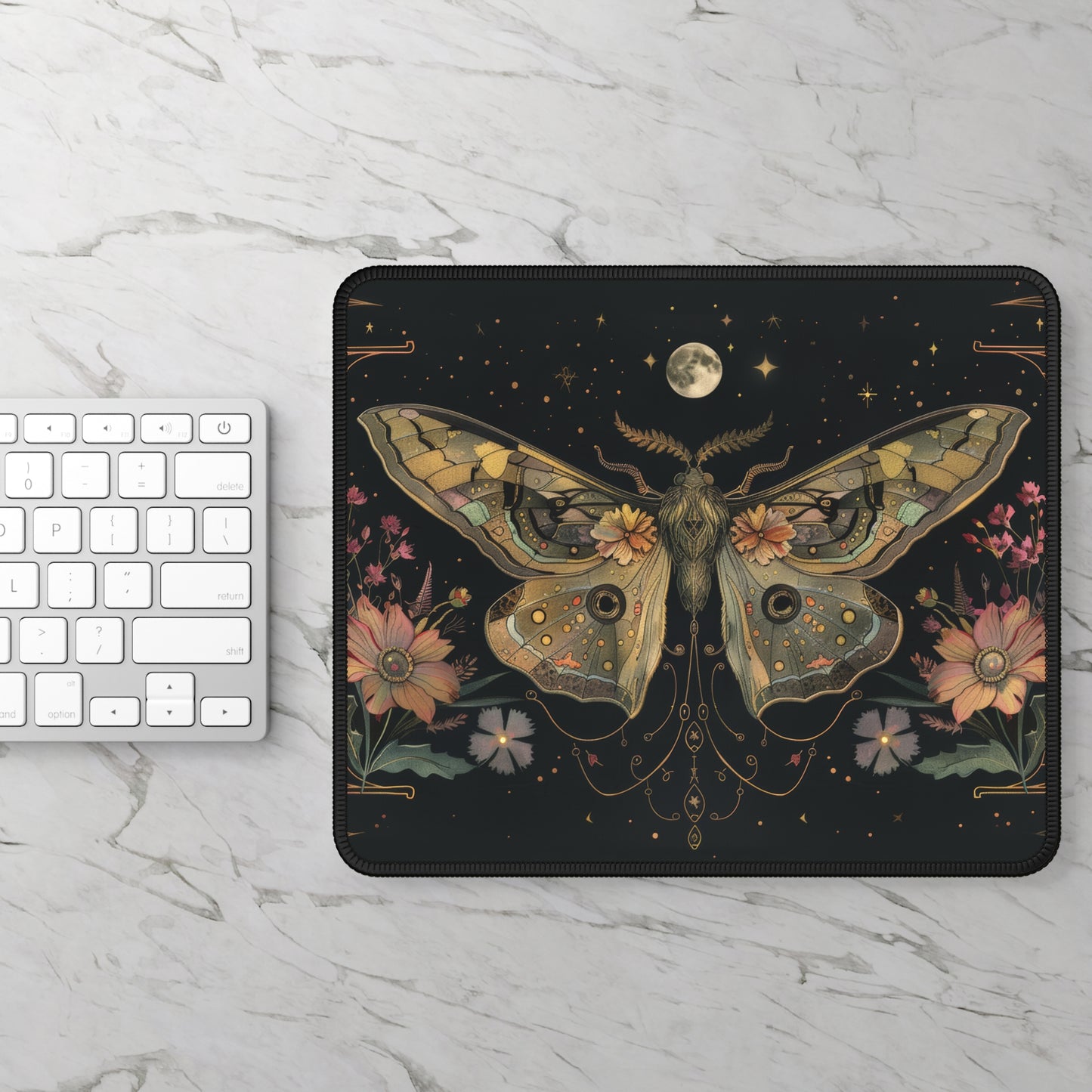 Lunar Moth Symphony with Moonlit Florals and Ethereal Glow Gaming Mouse Pad with Finished Edges