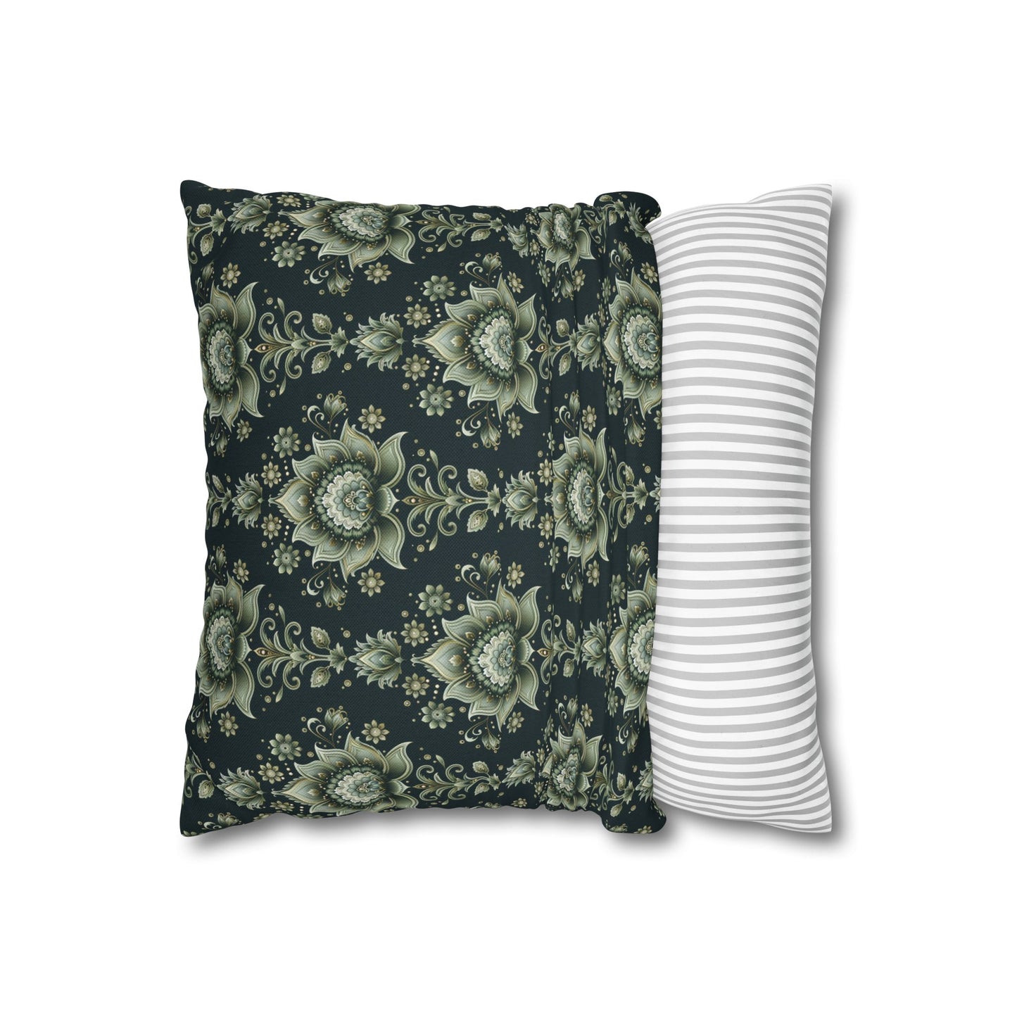 Ornate Green Mandala with Golden Accents on Dark Background Polyester Square Pillowcase 4 Sizes