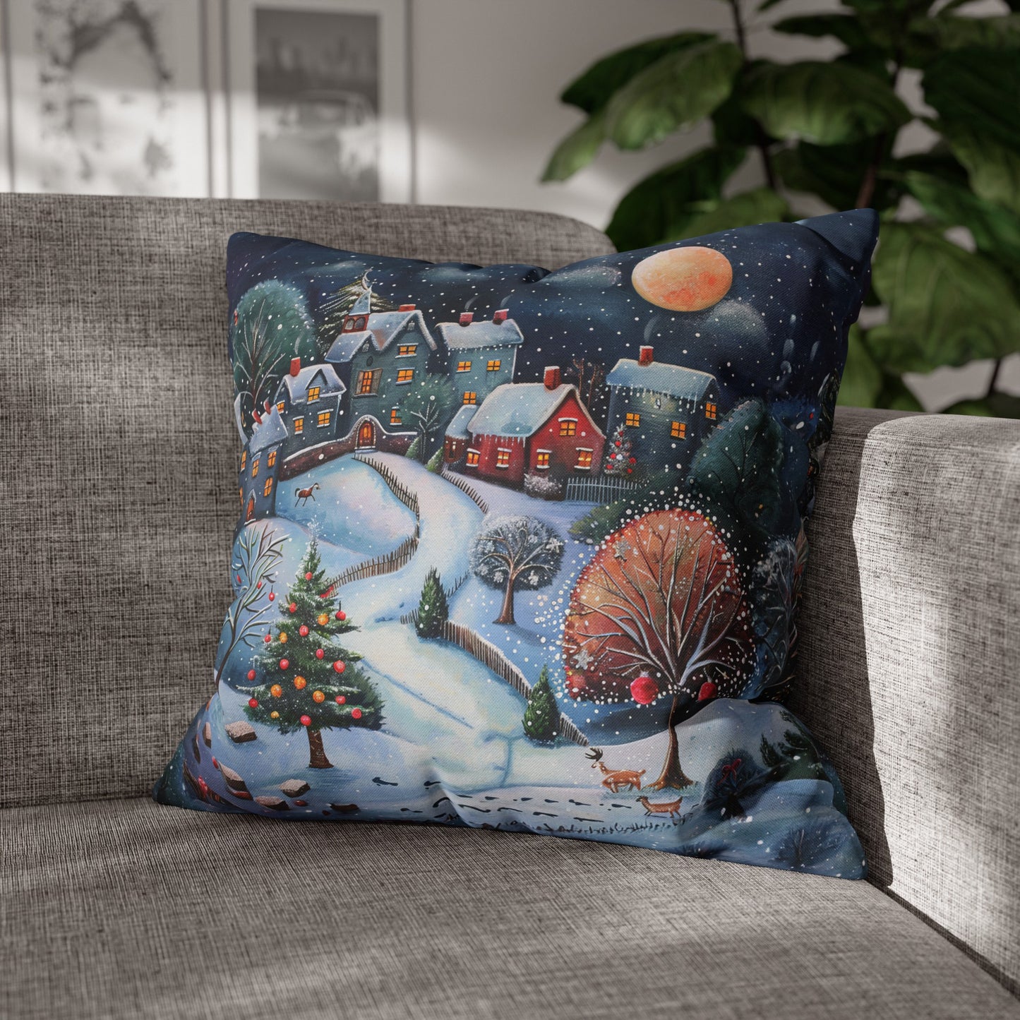 Snowy Serenade: Town at Winter Night with Reindeer Amidst the Snow  Spun Polyester Square Pillowcase 4 Sizes