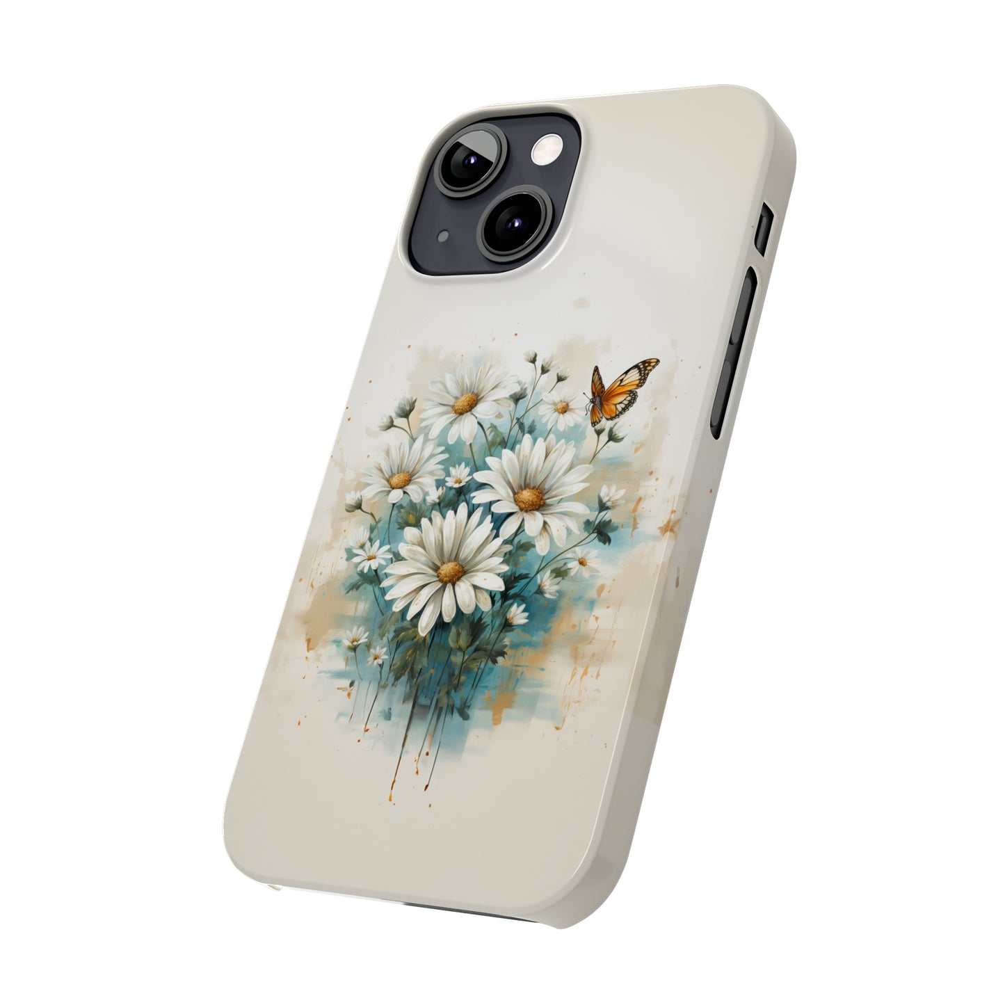 Rustic Farmhouse Teal and White Wild Daisies and Butterflies Iphone 15-12 Slim Phone Case