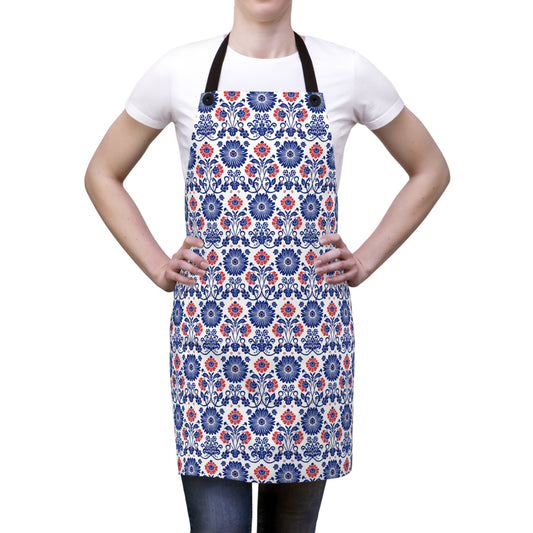 Charming Folk Blooms in Classic Polish Pottery Inspired Floral Pattern in Blue and Red Kitchen Chef Apron