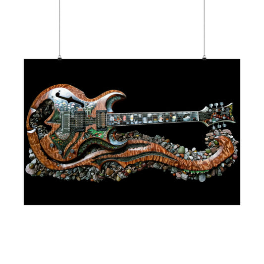 Carved Electric Guitar Encrusted with Stones with Floral Accents Resting on Stone and Wood Carved Stand  - 7 Sizes