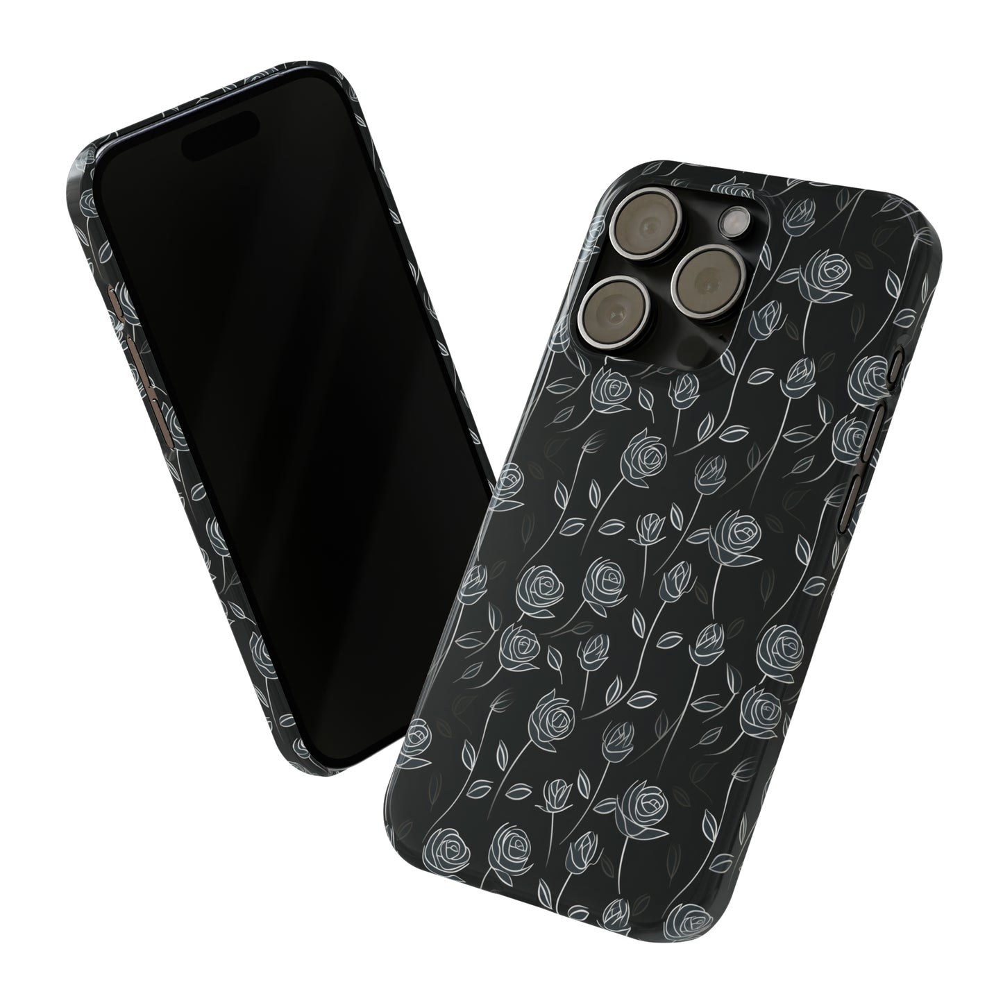 Contrasting Elegance: White Outlined Roses on a Black Background Iphone 15-12 Slim Phone Case