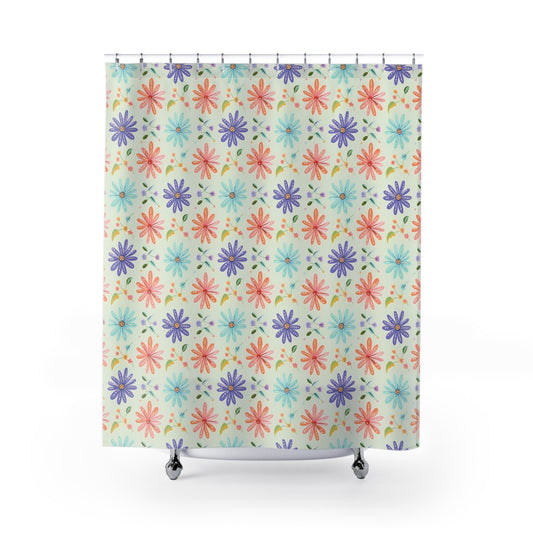 Pink, Purple and Blue Daisies Bathroom Shower Curtain   71" × 74"