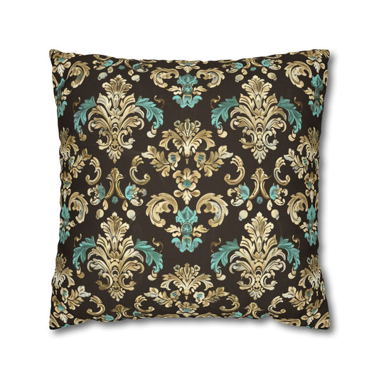 Luxurious Rococo Pattern of Ornate Brown and Teal Floral Scroll Design Spun Polyester Square Pillowcase 4 Sizes