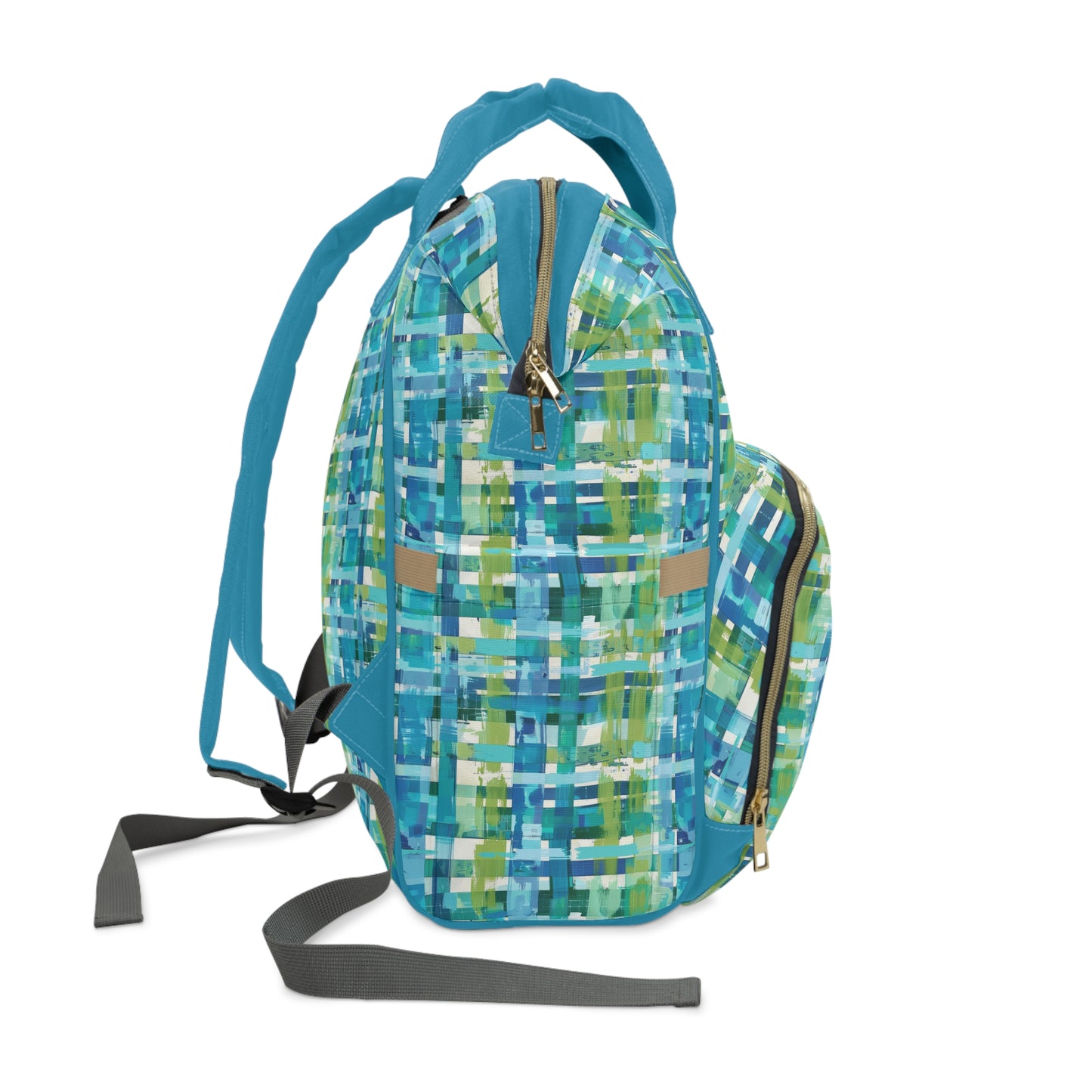 Enchanted Lagoon: Vibrant Green and Blue Abstract Plaid Multifunctional Diaper Backpack