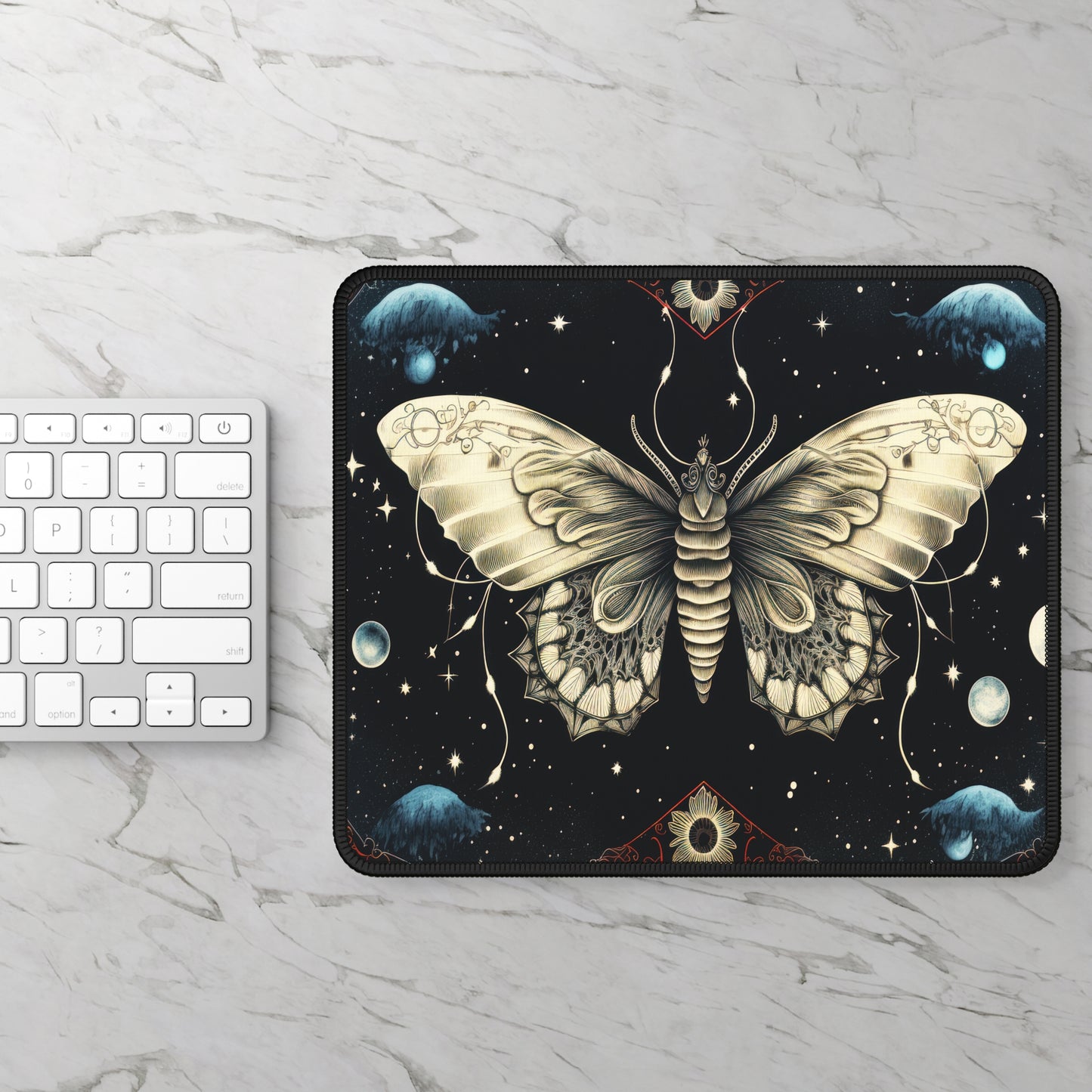 Fantasy Death Moth and Celestial Planets Gaming Mouse Pad with Finished Edges