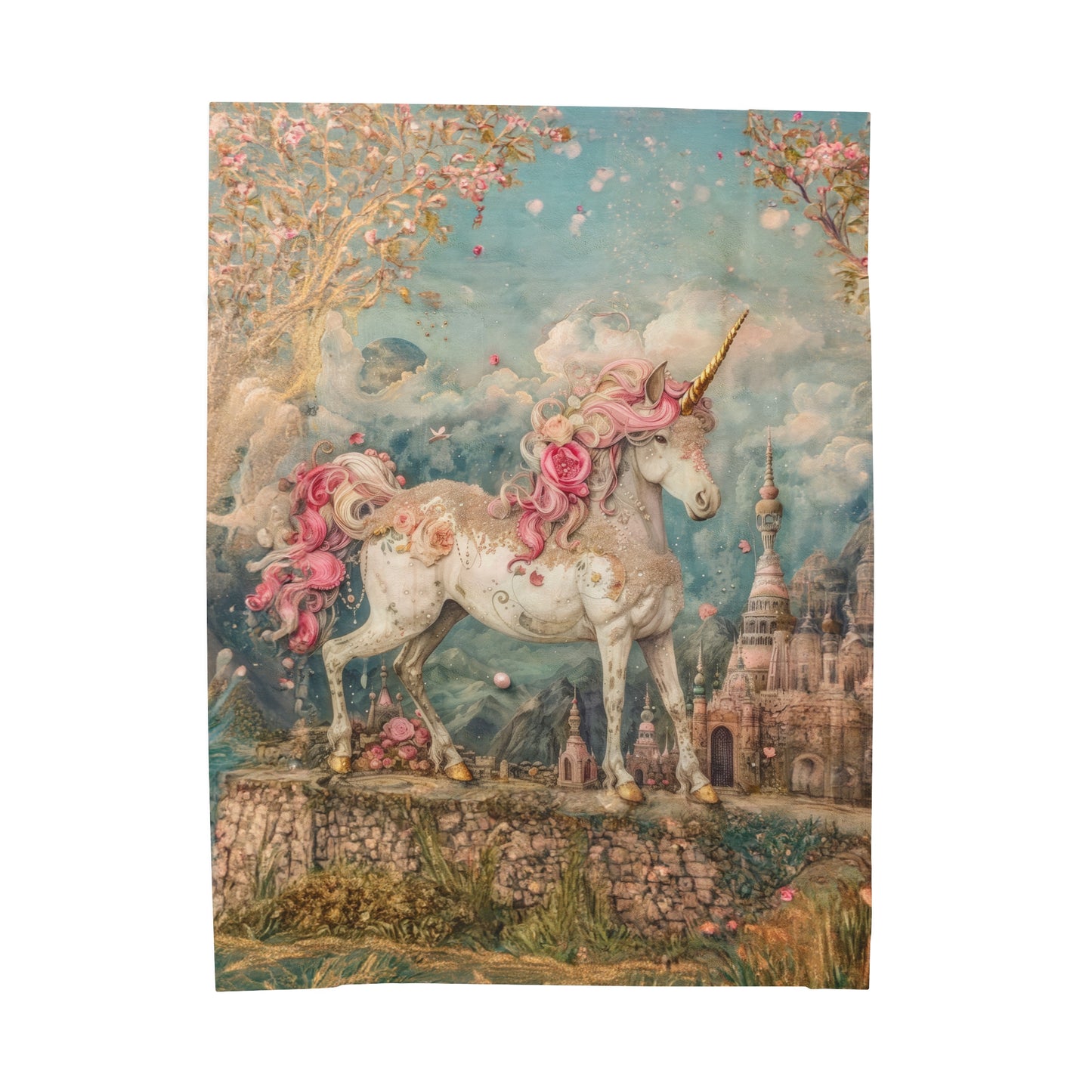 Whimsical Majestic Unicorn in an Enchanted Unicorn Kingdom Velveteen Plush Blanket 3 Sizes