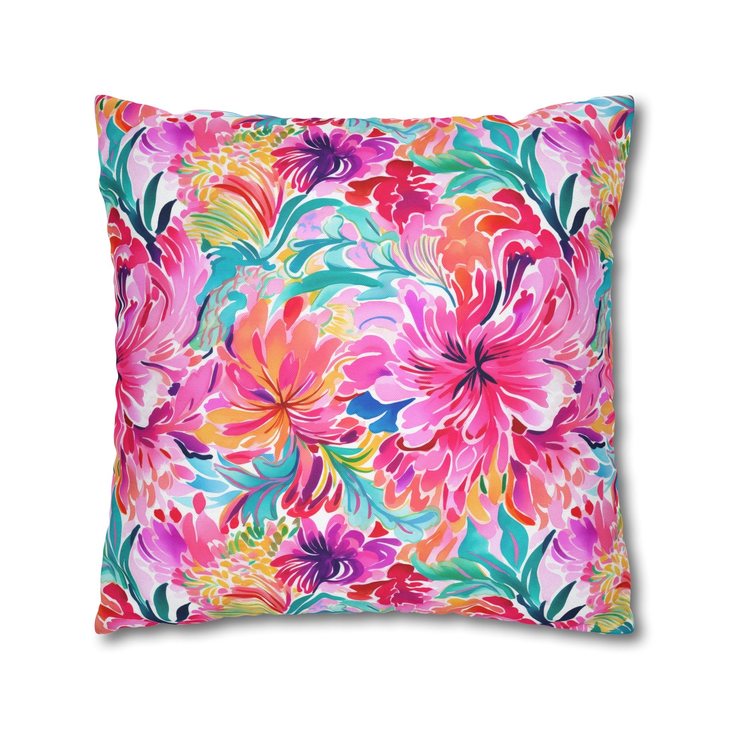 Rainbow Tropics: Watercolor Flowers in Vibrant Pink, Green and Orange Hues Spun Polyester Square Pillowcase 4 Sizes