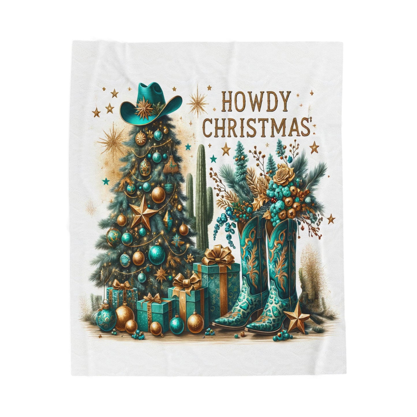 Country Western Howdy Christmas Green and Gold Sparkle Velveteen Plush Blanket 3 Sizes