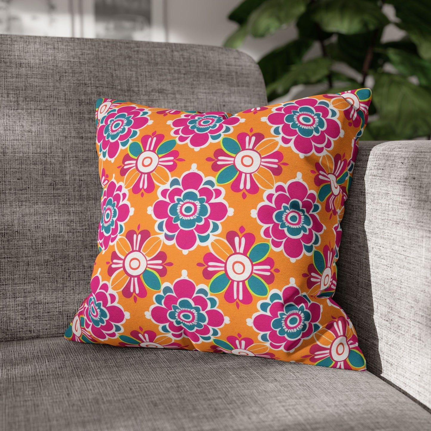 Array of Stylized Floral Motifs in Vivid Pink, Teal, and White Set Against a Warm Orange Backdrop Spun Polyester Square Pillowcase 4 Sizes