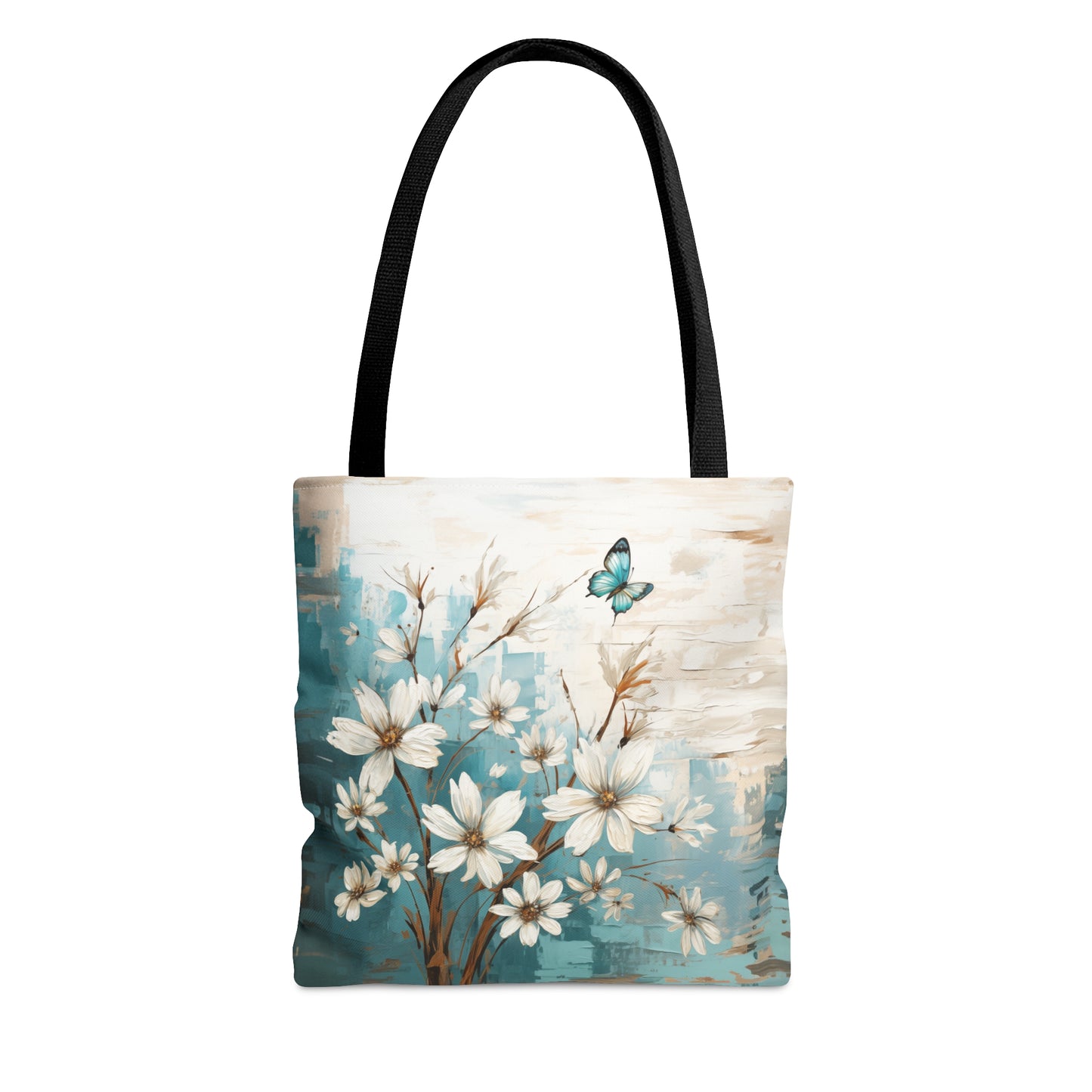 Rustic Farmhouse White and Teal Wild Daisies and Butterflies  - Canvas Tote 3 Sizes