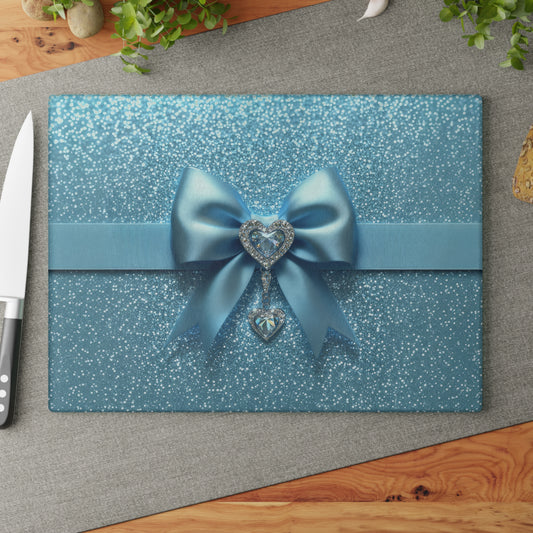 Bling Glam Tiffany Blue Heart Diamond Sparkle Glass Cutting Board, Charcuterie Serving Tray 2 Sizes