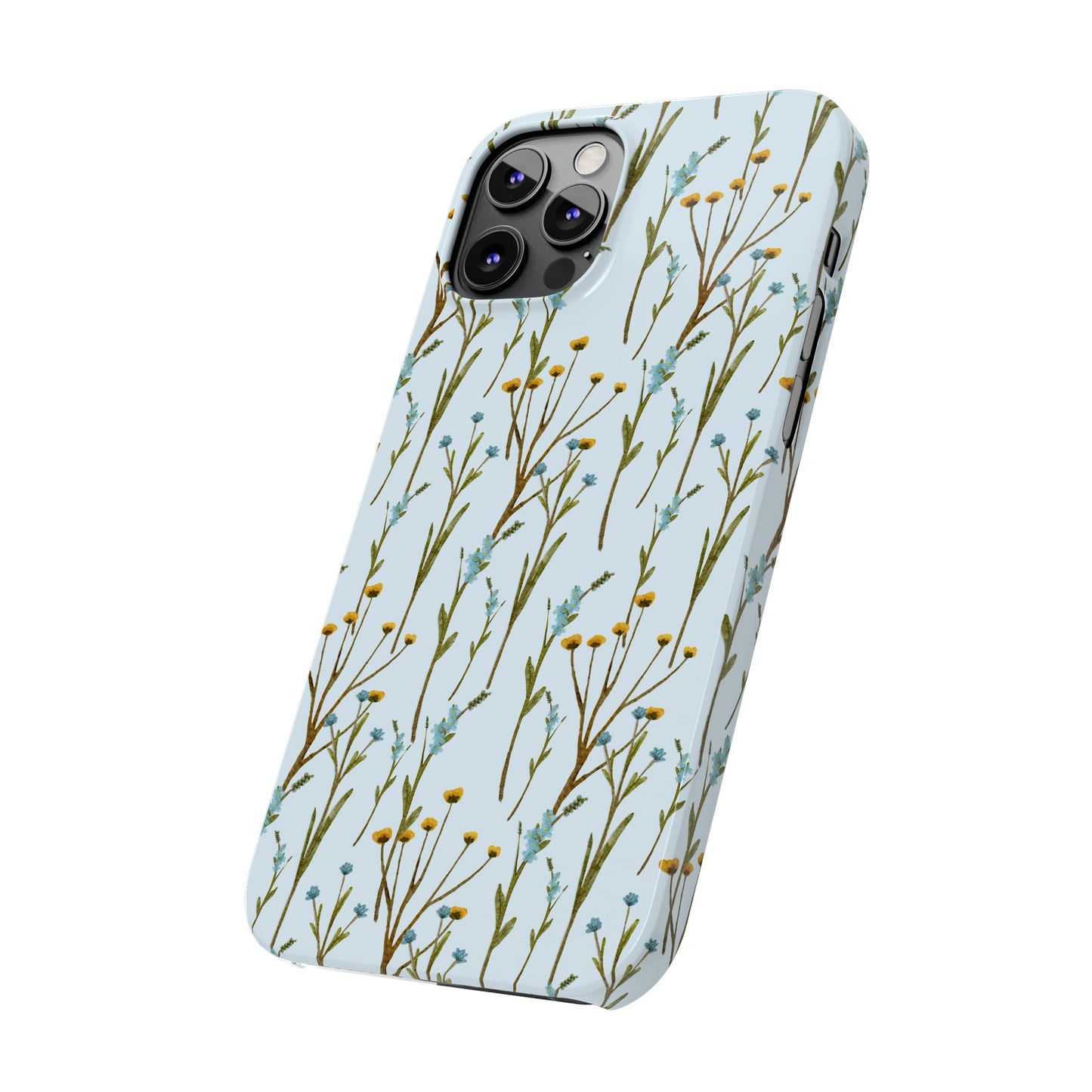 Delicate Blue and Yellow Wildflowers on a Light Blue Background Design Iphone 15-12 Slim Phone Case