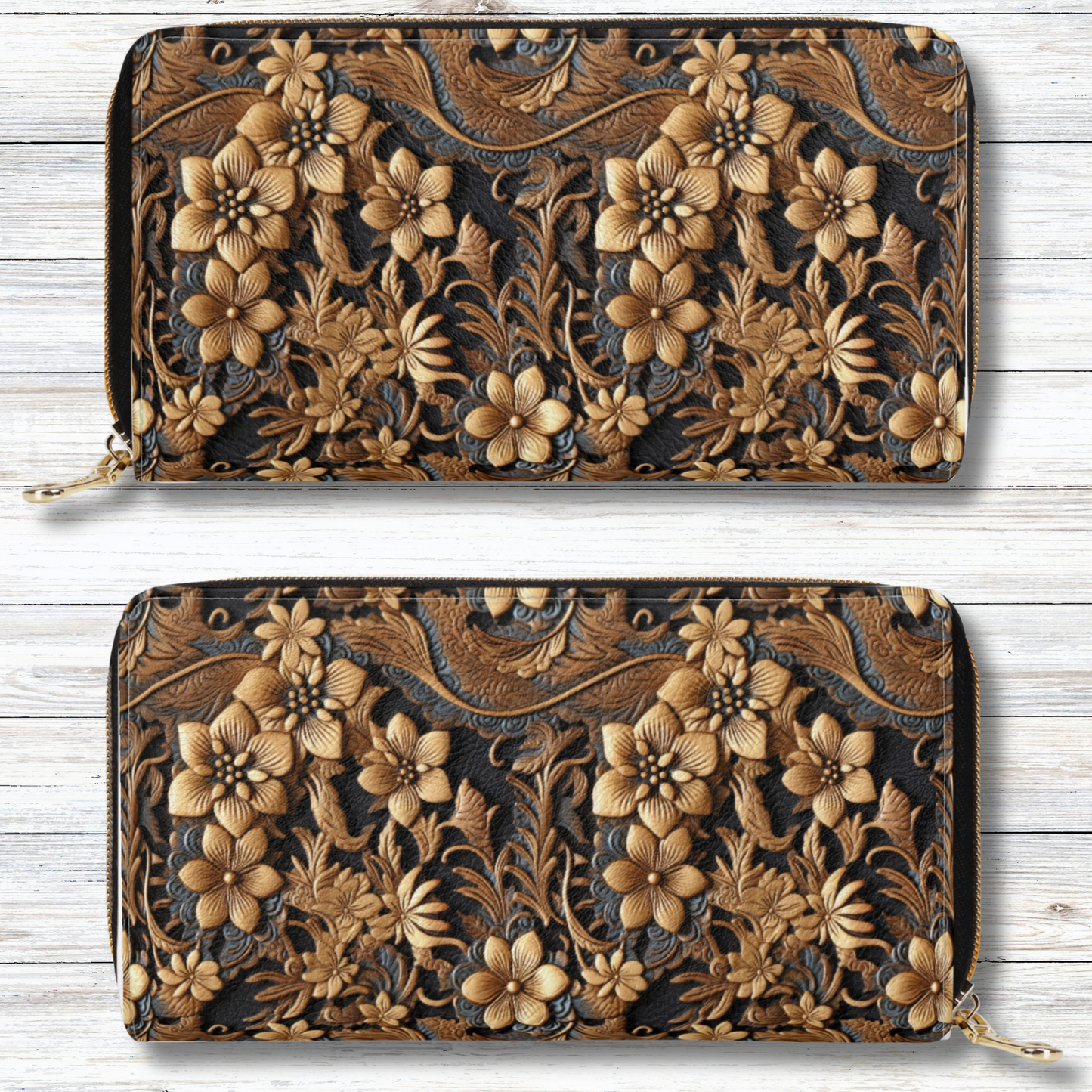 Print of Tooled Leather Large Gold Flowers with Blue Swirl Accents Leather Wallet (PU)