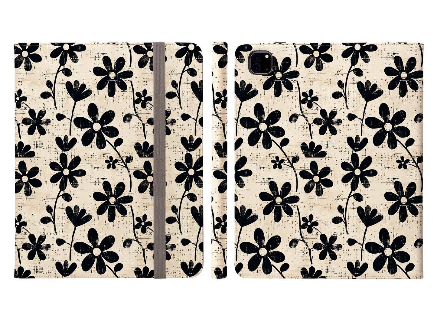 Distressed Black Daisy Floral on Beige Background Protective iPad Pro 11 & Pro 12.9 Protective Case and Pencil Holder