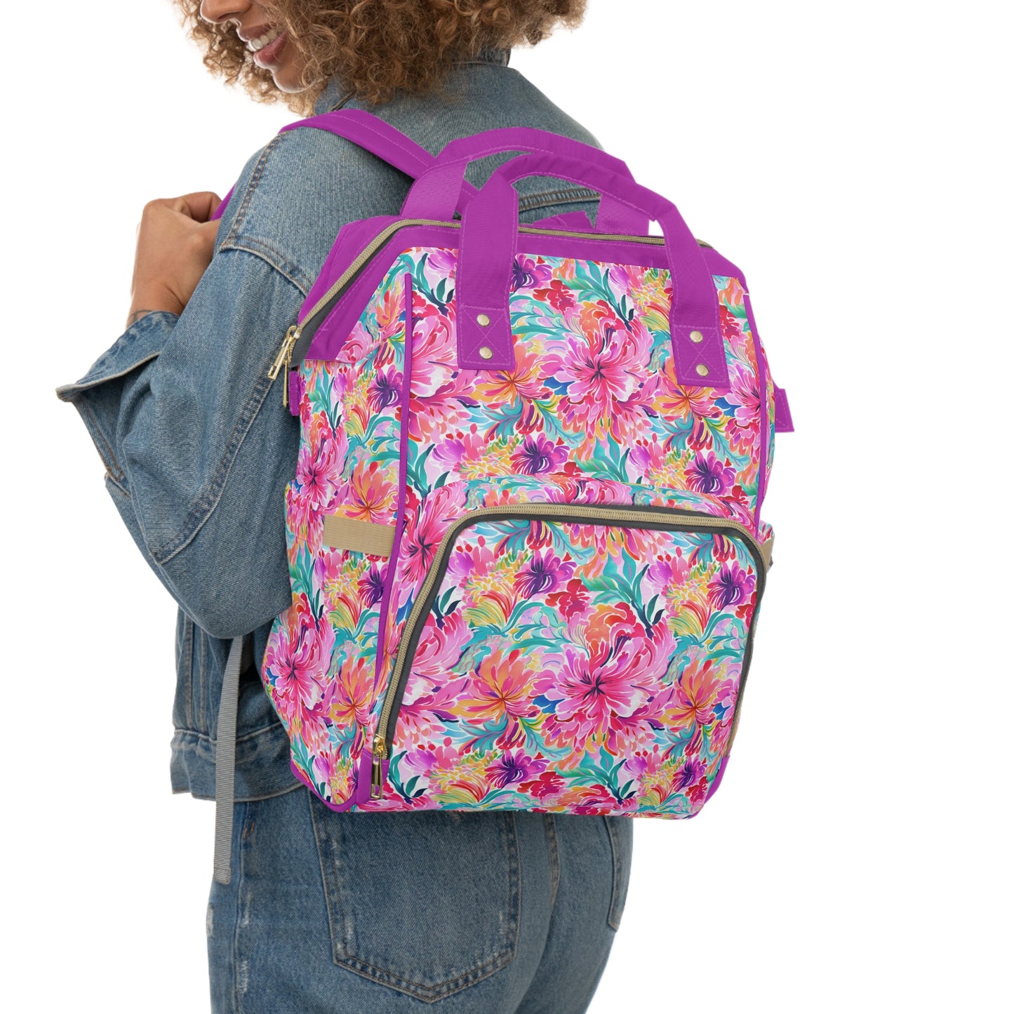 Rainbow Tropics: Watercolor Flowers in Vibrant Pink, Green and Orange Hues Multifunctional Diaper Backpack