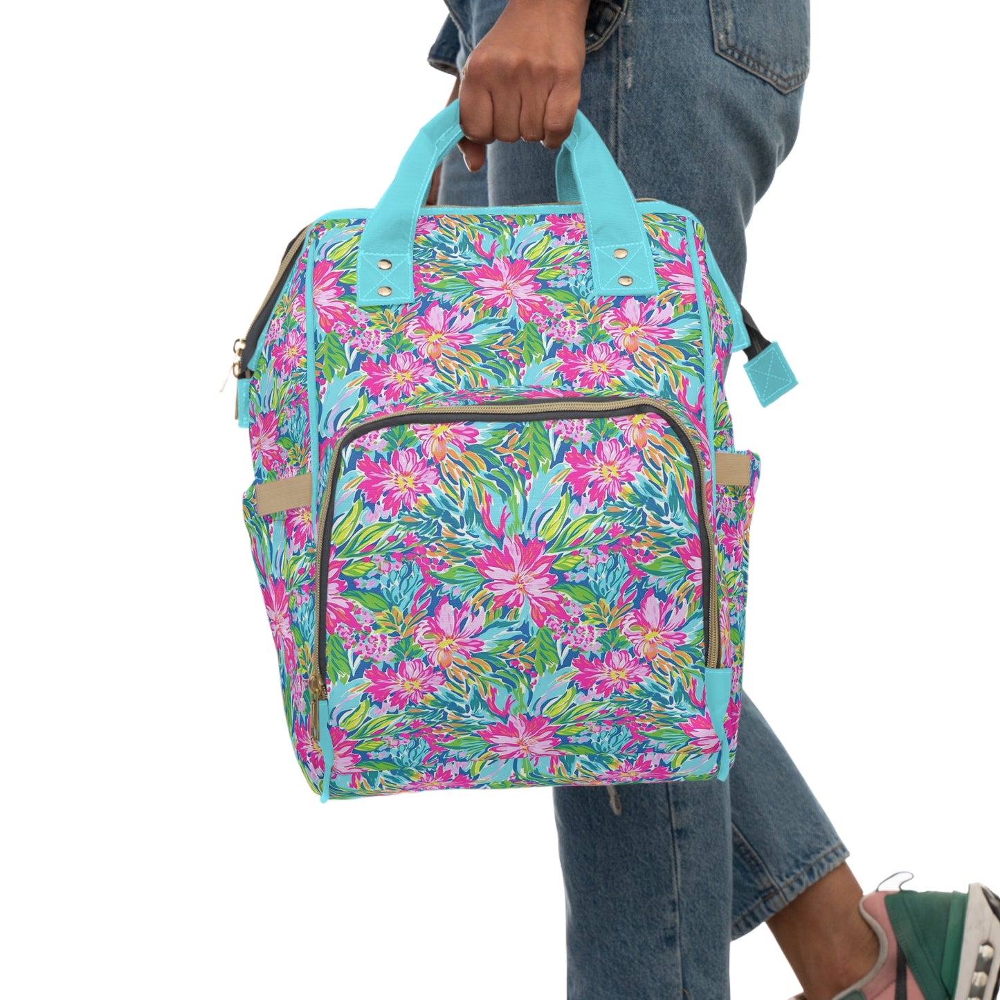 Sunlit Symphony: Large Blooms of Pink, Blue, and Green in Watercolor Multifunctional Diaper Backpack