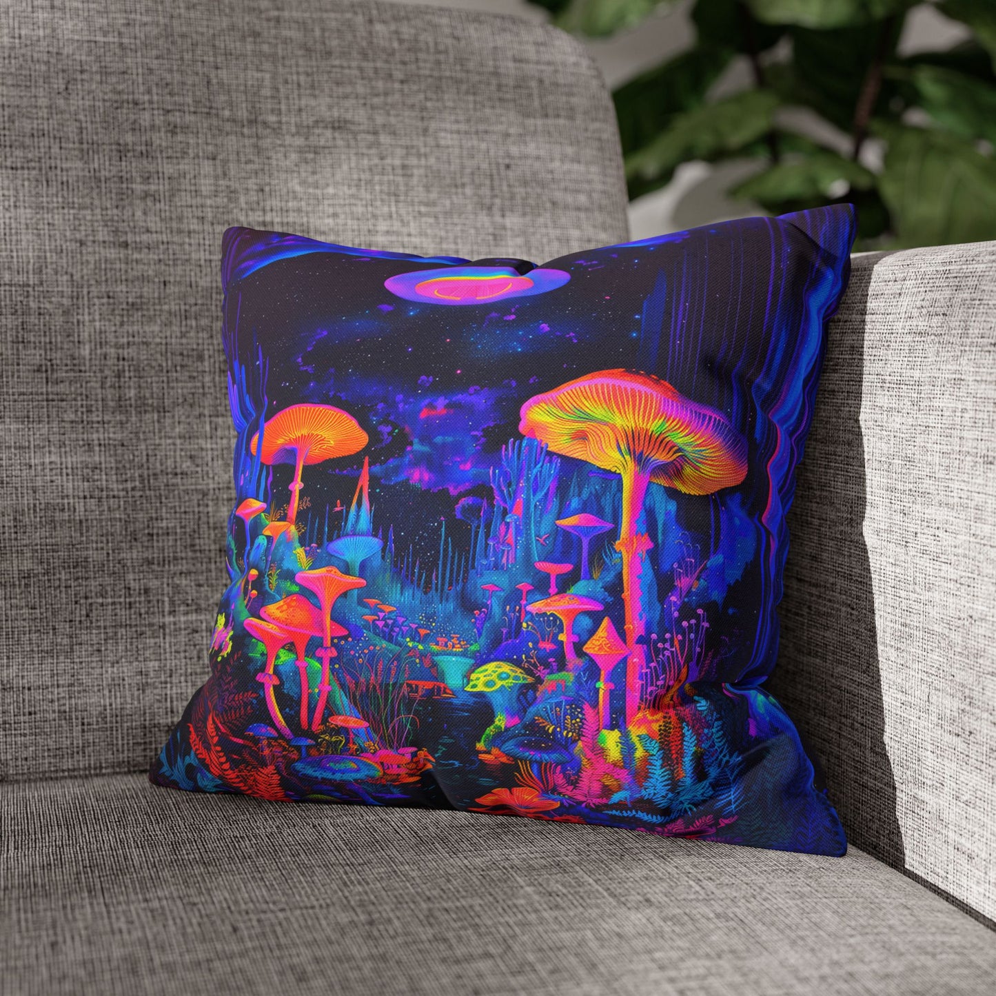 Vibrant Psychedelic Fantasy Neon Mushroom Forest Landscape Spun Polyester Square Pillowcase 4 Sizes