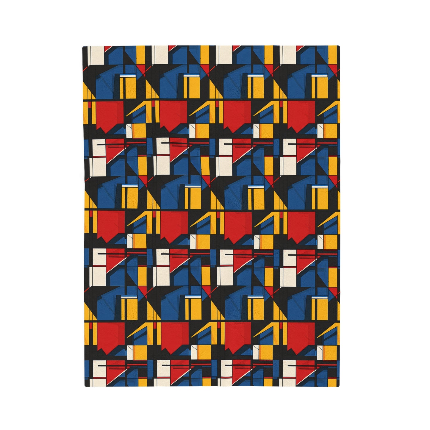 Mondrian-Inspired Bold Primary Colors and Black Lines Abstract Velveteen Plush Blanket 3 Sizes