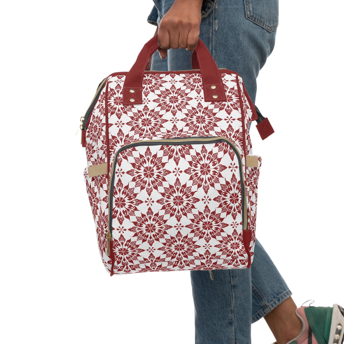 Vintage Radiance Ornate Red and White Floral Burst Pattern Multifunctional Diaper Backpack