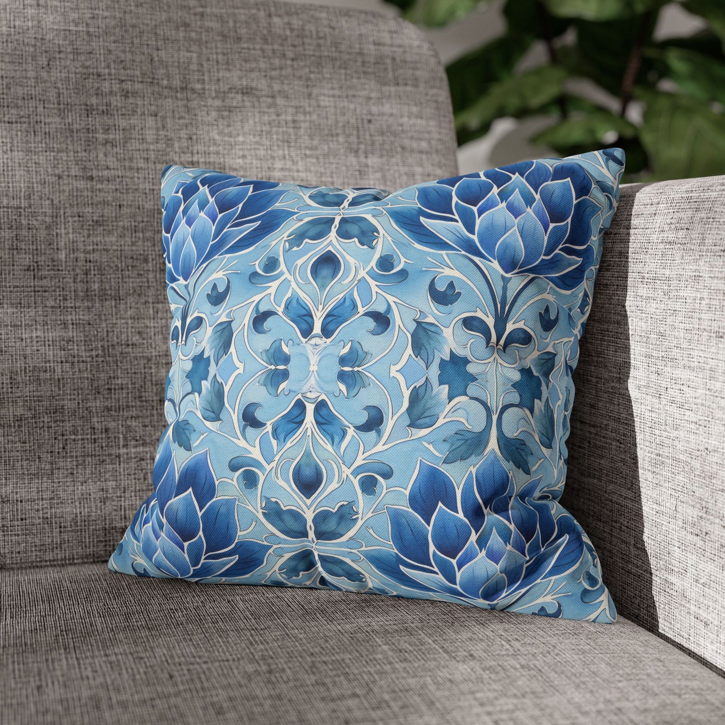 Exquisite Blue Lotus Elegance Floral Mosaic Design Spun Polyester Square Pillowcase 4 Sizes