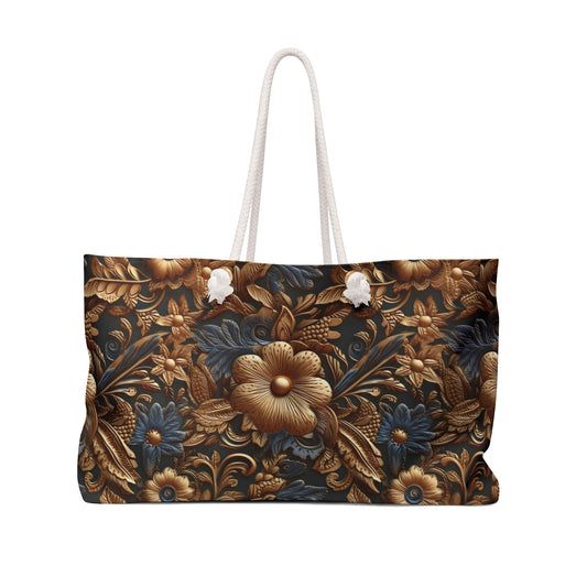 Tooled Leather Gold Flowers with Blue Leaves Accent Print Design - Weekender Oversized Canvas Tote Bag 24" × 13"