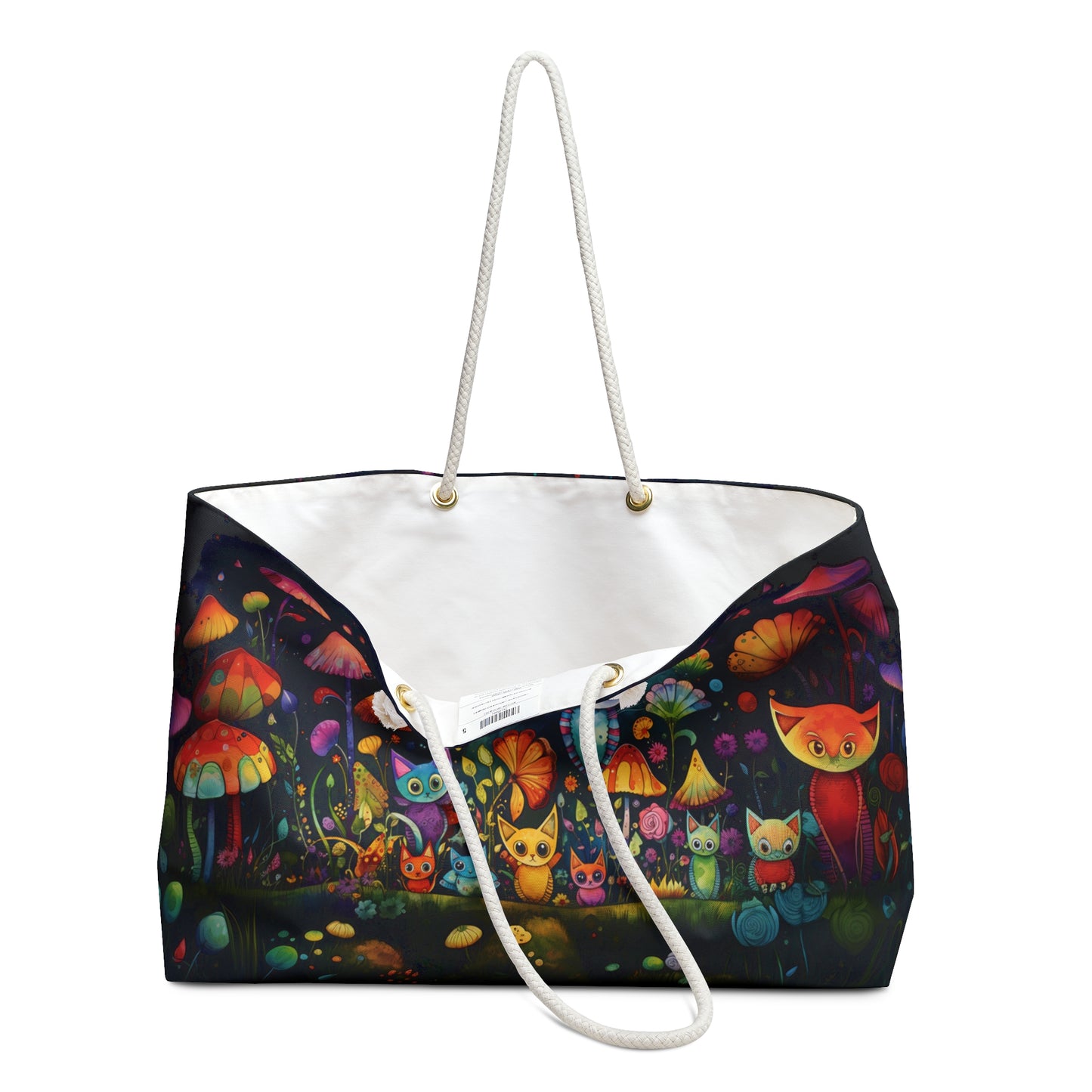 Mystical Cats Amidst a Garden of Flowers and Mushrooms, Beneath a Starry Sky - Weekender Oversized Canvas Tote Bag 24" × 13"