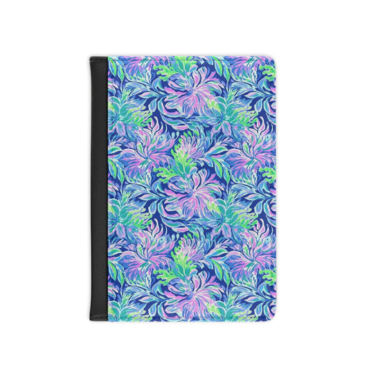 Seaside Serenade: Coastal Pink, Navy, and Green Tropical Blooms Dancing - Passport Cover Faux Leather RFID Blocking