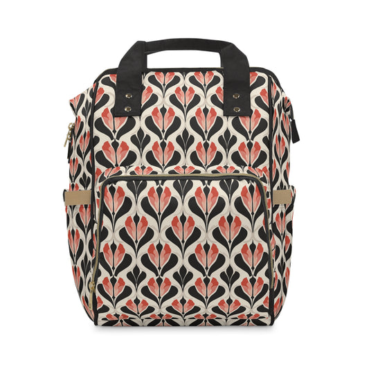 Art Deco Elegance Red Floral Motif on Cream Multifunctional Diaper Backpack