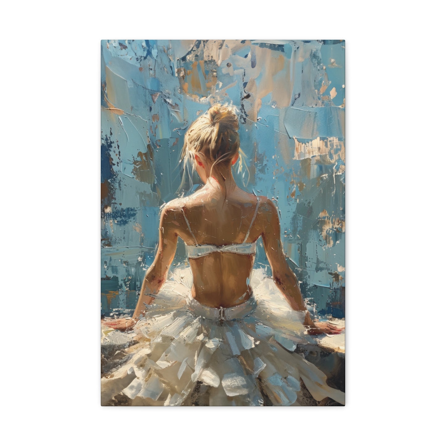 Sunlit Serenity Ballerina in White Dress, Bathed in Sunlight and Blue Skies with Back Turned Print on Canvas Gallery - 13 Sizes