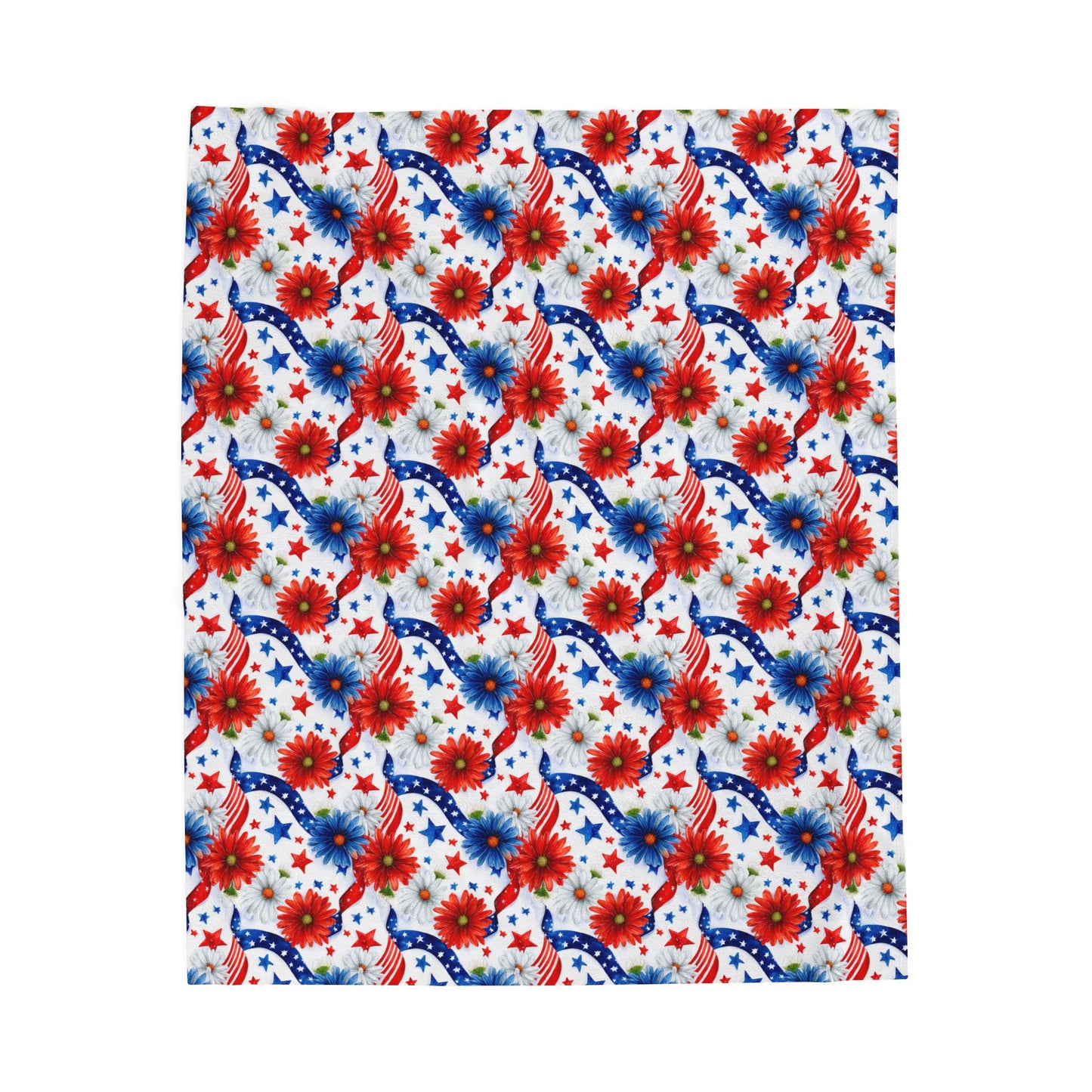 Patriotic Flowers Stars and Stripes Print Velveteen Plush Blanket 3 Sizes
