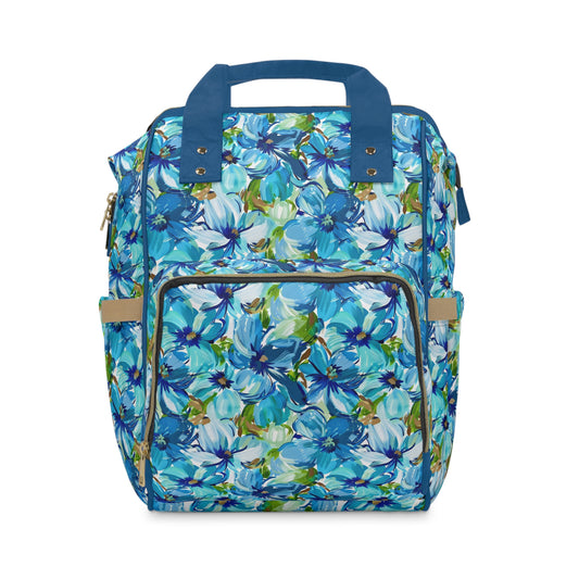 Large Blue Watercolor Flowers with Gentle Accents of Brown and Green Multifunctional Diaper Backpack