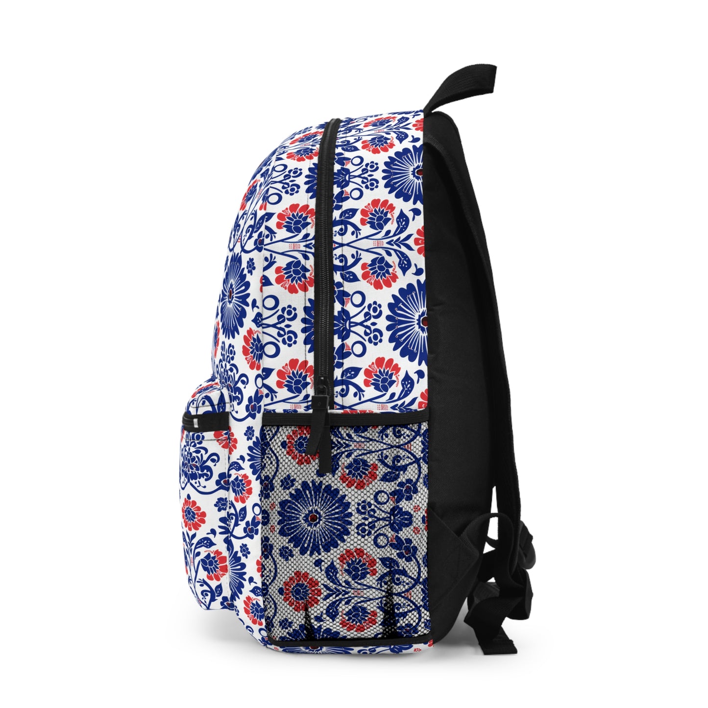 Charming Folk Blooms in Classic Polish Pottery Inspired Floral Pattern in Blue and Red Lightweight Stylish Durable Backpack (Made in USA)