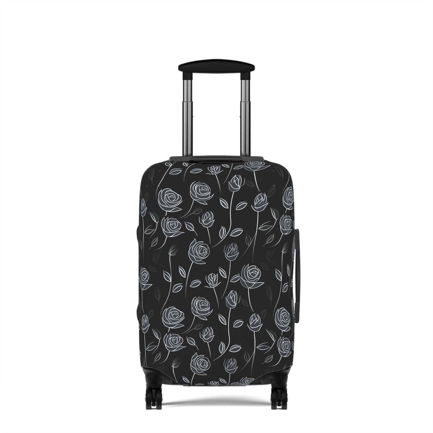 Contrasting Elegance: White Outlined Roses on a Black Background  - Luggage Protector and Cover 3 Sizes