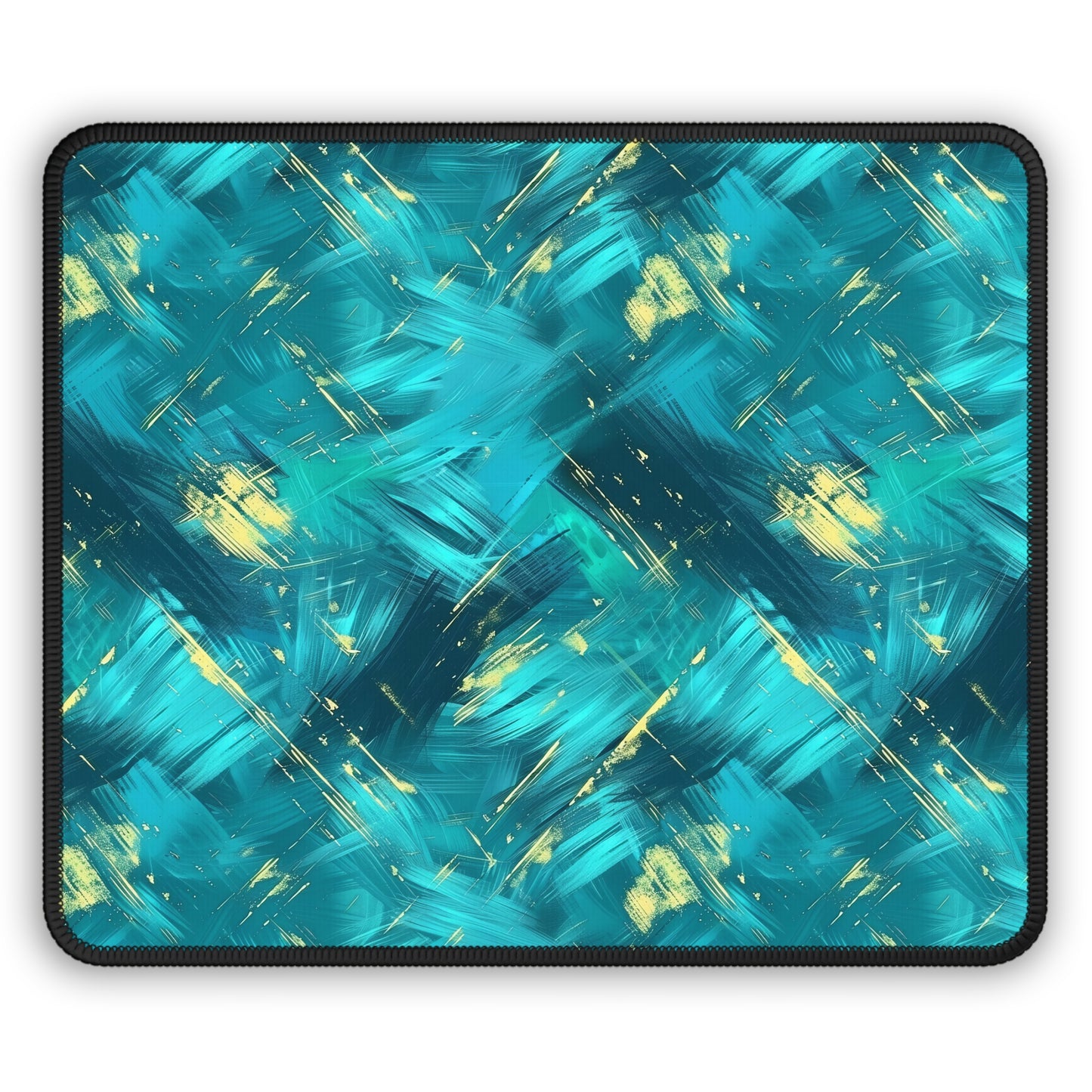 Vibrant Teal and Gold Abstract Brushstroke Pattern Mouse Pad with Finished Edges