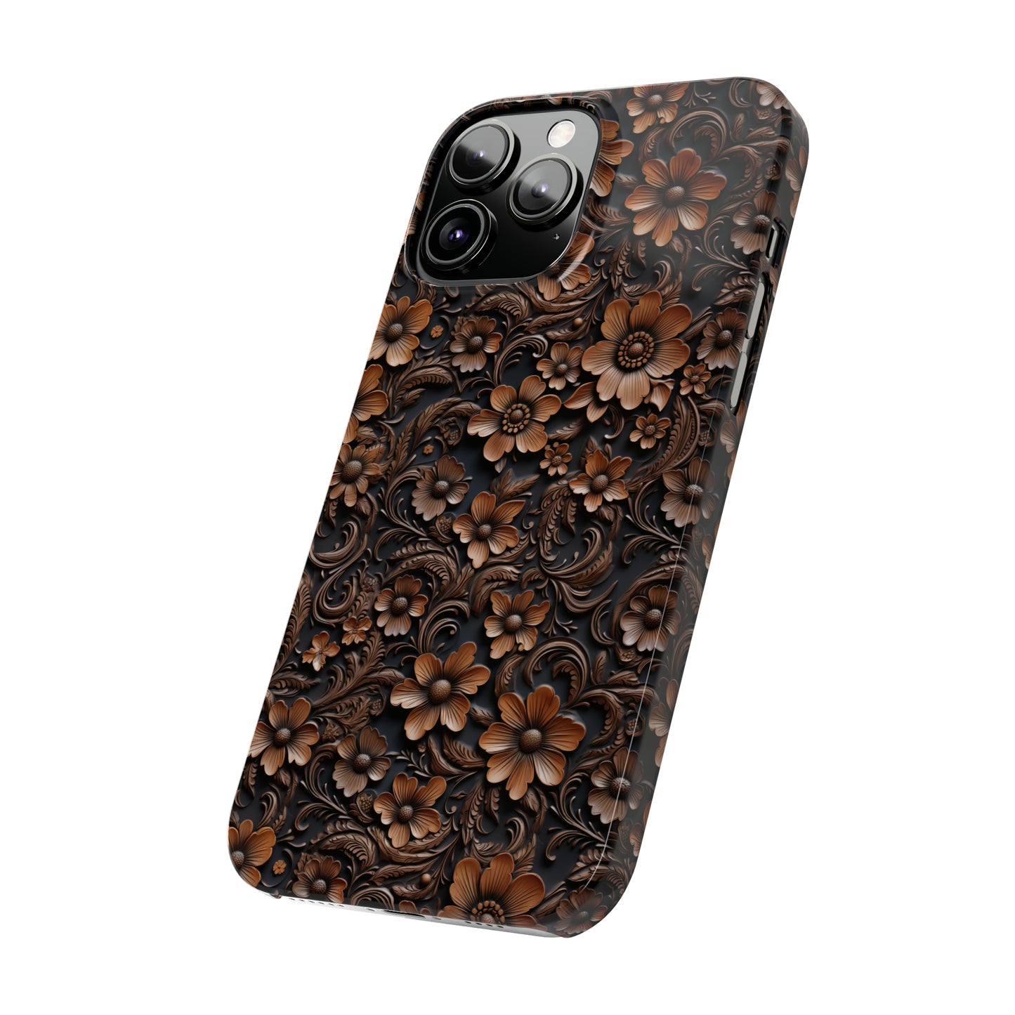 Tooled Deep Brown Leather Flowers Print Design Iphone 15-12 Slim Phone Case