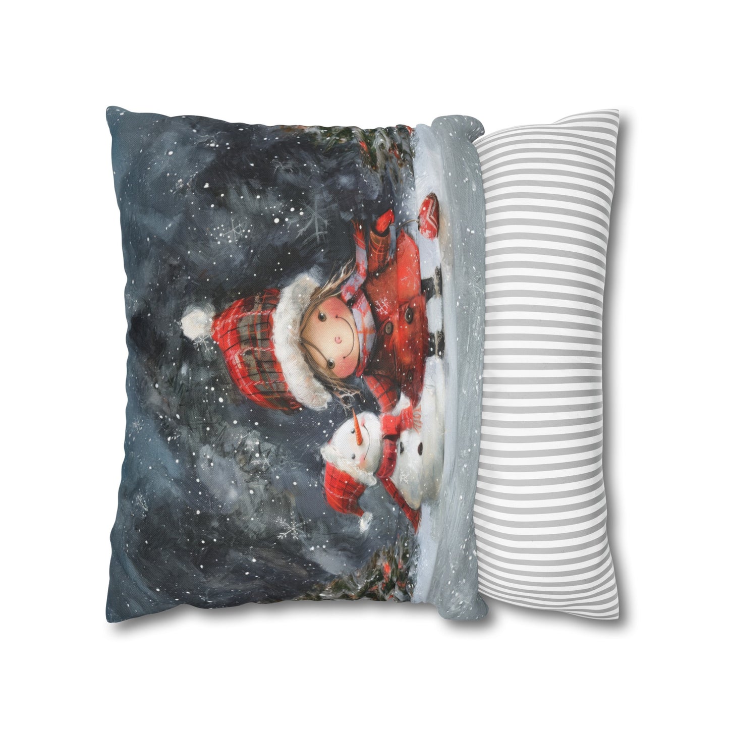 Frosty Friends: Little Girl Standing with Snowman on a Snowy Night Spun Polyester Square Pillowcase 4 Sizes