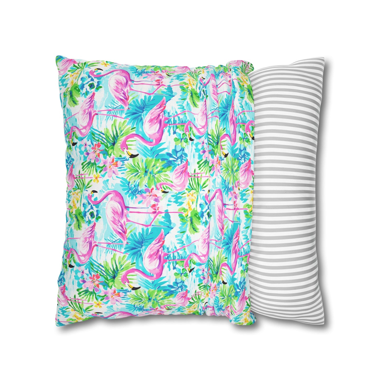 Tropical Flamingo Haven: Surrounded by Flowers and Palm Trees Spun Polyester Square Pillowcase 4 Sizes