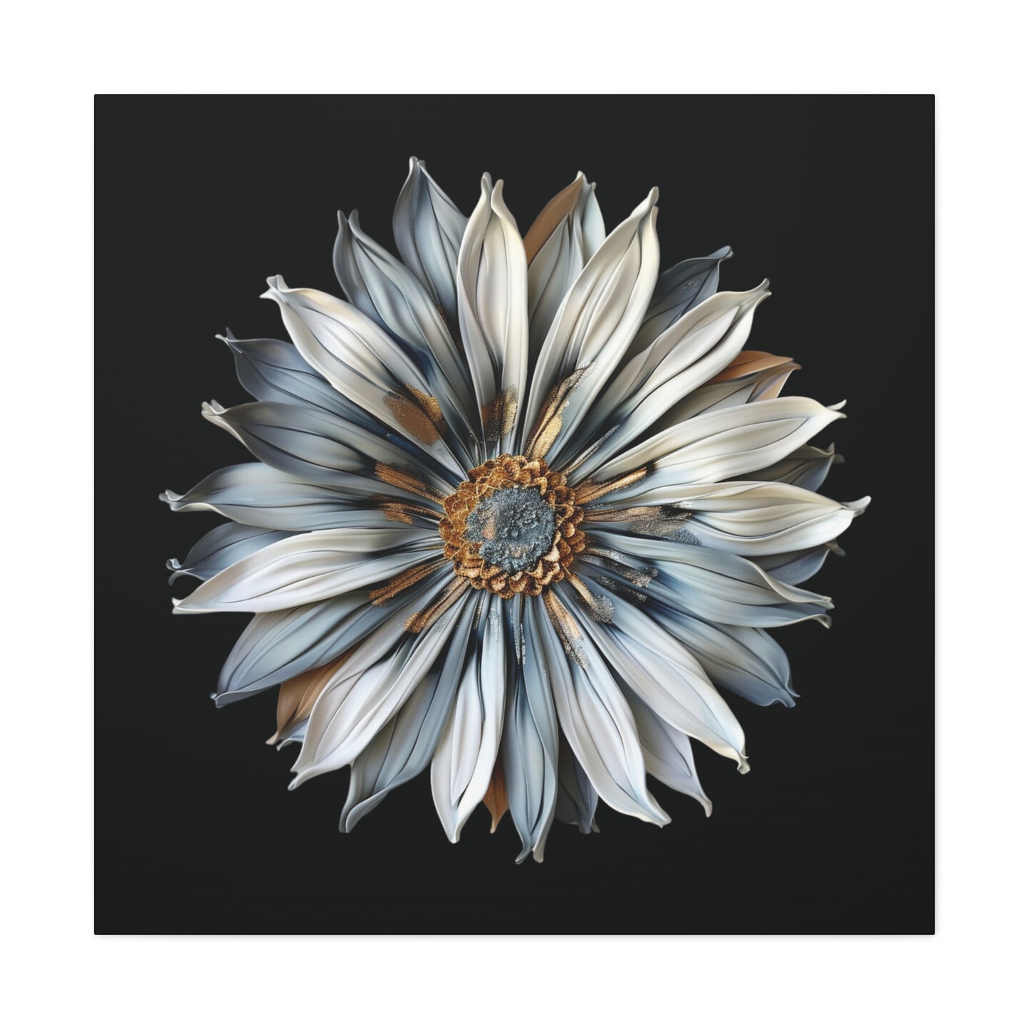 Pale Blue and Gold Sculpted Daisy on Black Background Print on Canvas Gallery Wraps  - 5 Sizes