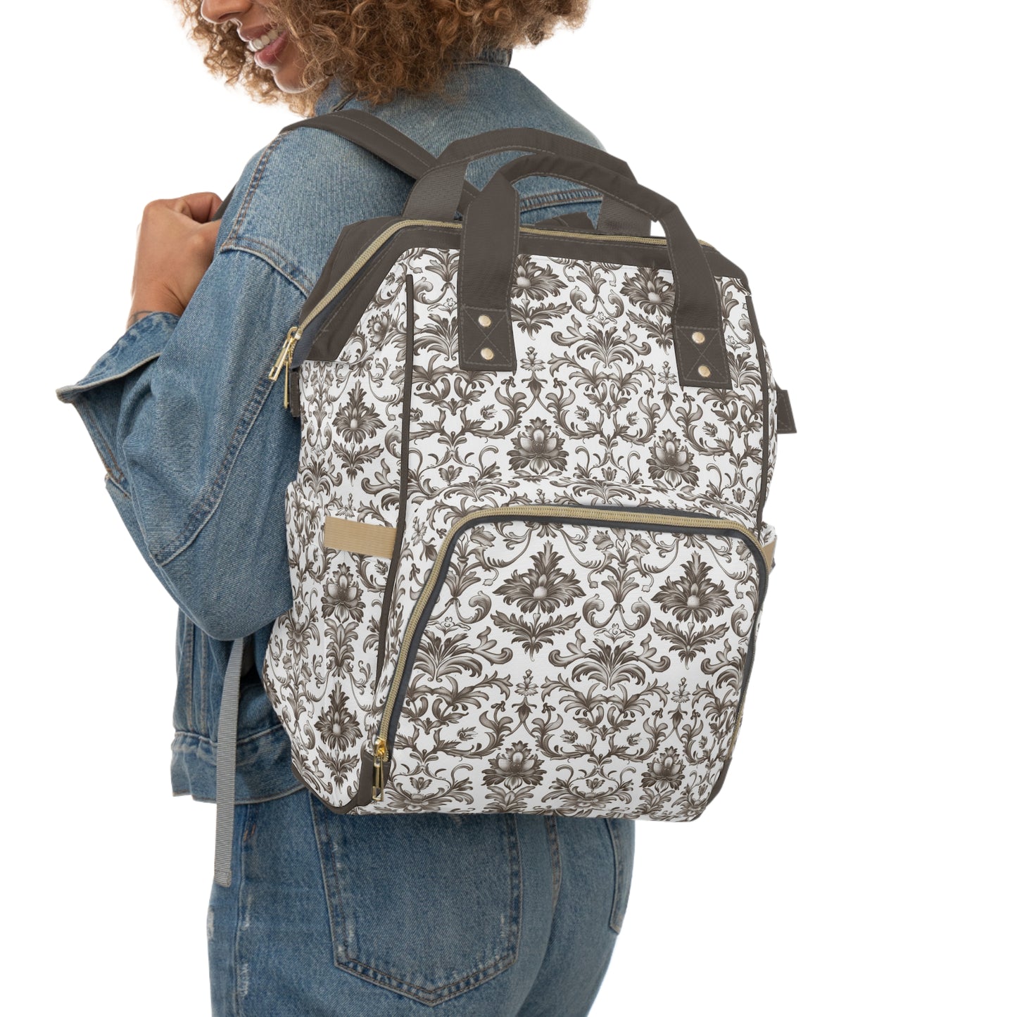 Timeless Rococo Elegance in Detailed Brown and White Floral Pattern Multifunctional Diaper Backpack