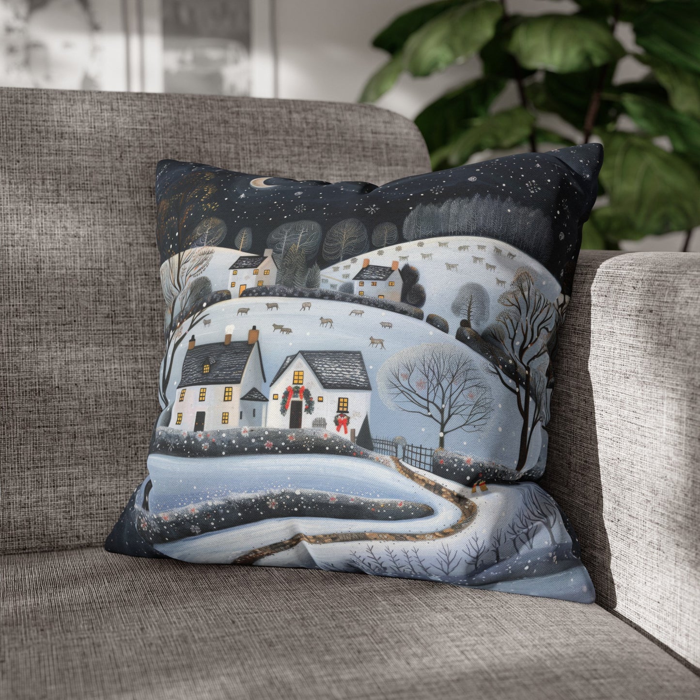 Starry Serenity: Rolling Hills on a Snowy Night, Stars Sparkling in the Sky Spun Polyester Square Pillowcase 4 Sizes